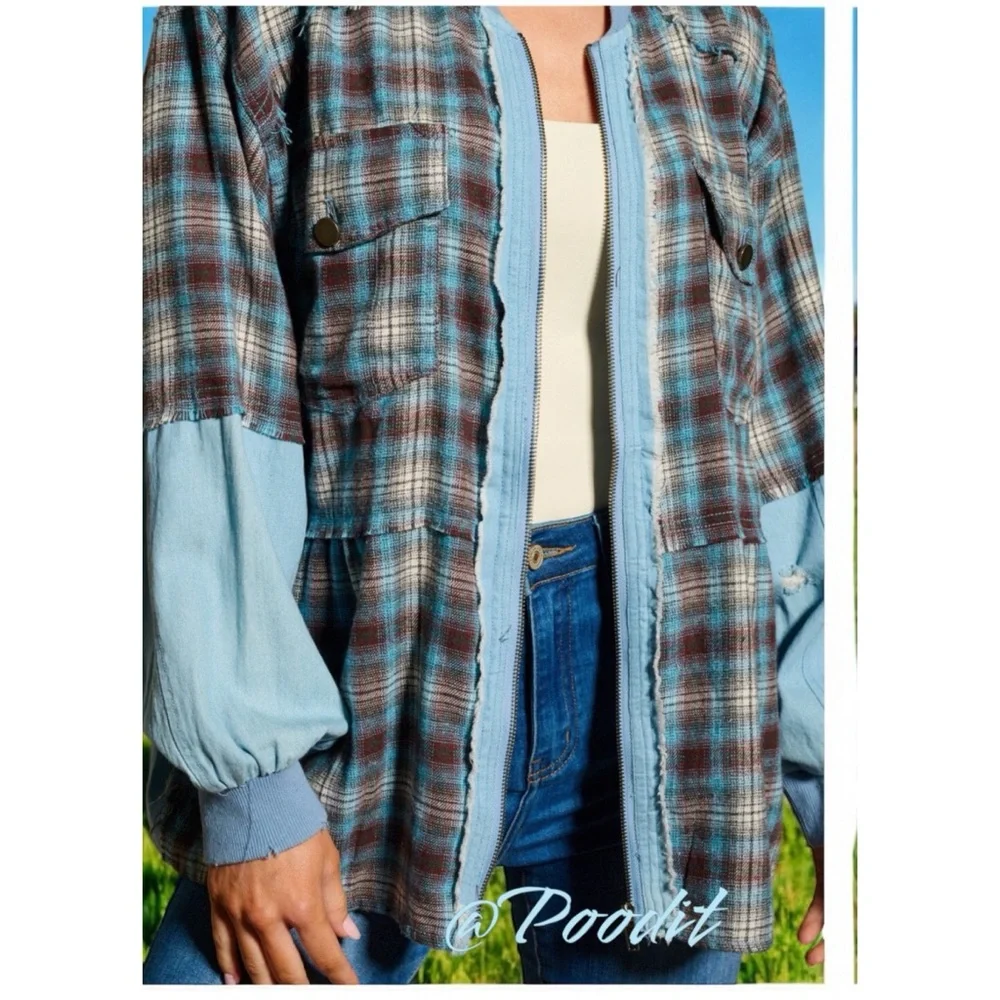 FATE Cute zip front chambray plaid top S M L - Picture 4 of 10